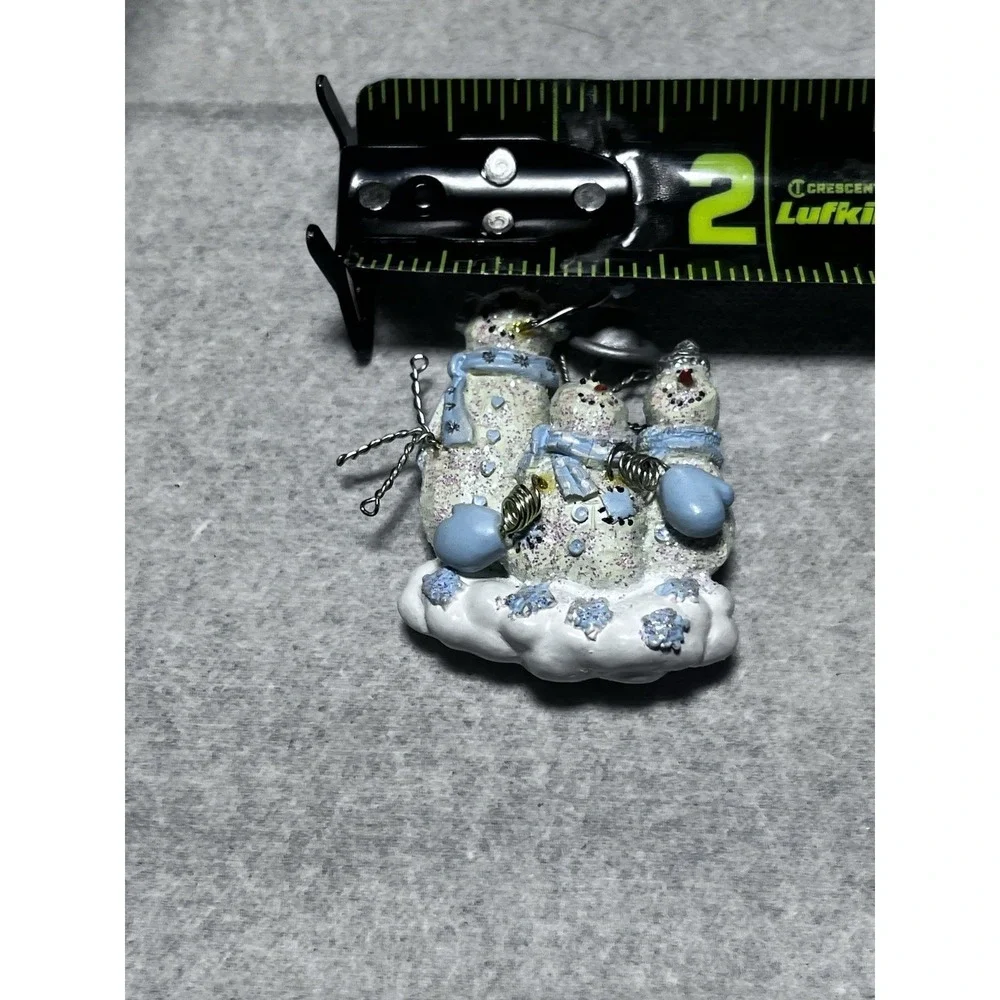 SNOWMAN Family Brooch Blue Hat & Scarf & Blue Buttons Glitter Accents 2
